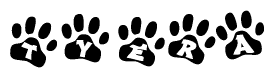 The image shows a series of animal paw prints arranged in a horizontal line. Each paw print contains a letter, and together they spell out the word Tyera.