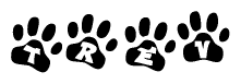 The image shows a series of animal paw prints arranged horizontally. Within each paw print, there's a letter; together they spell Trev