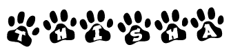 The image shows a series of animal paw prints arranged horizontally. Within each paw print, there's a letter; together they spell Thisha