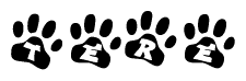 The image shows a row of animal paw prints, each containing a letter. The letters spell out the word Tere within the paw prints.