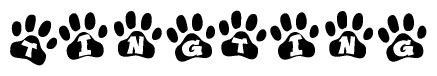 The image shows a row of animal paw prints, each containing a letter. The letters spell out the word Tingting within the paw prints.