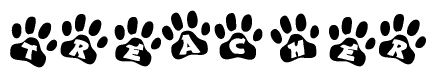   The image shows a series of animal paw prints arranged in a horizontal line. Each paw print contains a letter, and together they spell out the word Treacher. 