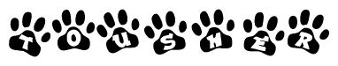 The image shows a row of animal paw prints, each containing a letter. The letters spell out the word Tousher within the paw prints.