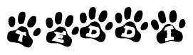 The image shows a row of animal paw prints, each containing a letter. The letters spell out the word Teddi within the paw prints.