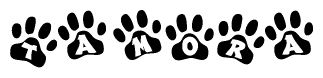 The image shows a row of animal paw prints, each containing a letter. The letters spell out the word Tamora within the paw prints.