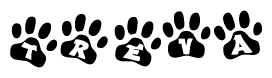 The image shows a row of animal paw prints, each containing a letter. The letters spell out the word Treva within the paw prints.