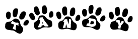 The image shows a series of animal paw prints arranged horizontally. Within each paw print, there's a letter; together they spell Tandy
