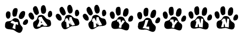 The image shows a series of animal paw prints arranged in a horizontal line. Each paw print contains a letter, and together they spell out the word Tammylynn.