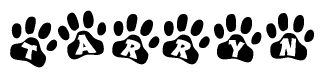The image shows a series of animal paw prints arranged in a horizontal line. Each paw print contains a letter, and together they spell out the word Tarryn.