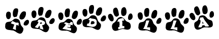 The image shows a series of animal paw prints arranged in a horizontal line. Each paw print contains a letter, and together they spell out the word Tredilla.