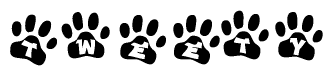 The image shows a row of animal paw prints, each containing a letter. The letters spell out the word Tweety within the paw prints.