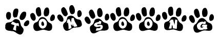 The image shows a row of animal paw prints, each containing a letter. The letters spell out the word Tomsoong within the paw prints.