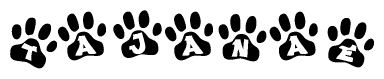 The image shows a series of animal paw prints arranged horizontally. Within each paw print, there's a letter; together they spell Tajanae