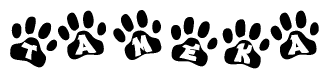 The image shows a row of animal paw prints, each containing a letter. The letters spell out the word Tameka within the paw prints.