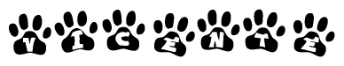 The image shows a series of animal paw prints arranged in a horizontal line. Each paw print contains a letter, and together they spell out the word Vicente.