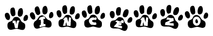 The image shows a series of animal paw prints arranged in a horizontal line. Each paw print contains a letter, and together they spell out the word Vincenzo.