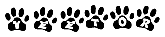 The image shows a row of animal paw prints, each containing a letter. The letters spell out the word Veetor within the paw prints.