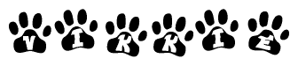 The image shows a series of animal paw prints arranged horizontally. Within each paw print, there's a letter; together they spell Vikkie