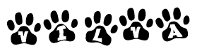 The image shows a row of animal paw prints, each containing a letter. The letters spell out the word Vilva within the paw prints.