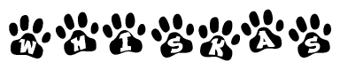 The image shows a series of animal paw prints arranged in a horizontal line. Each paw print contains a letter, and together they spell out the word Whiskas.