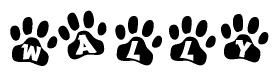 The image shows a series of animal paw prints arranged in a horizontal line. Each paw print contains a letter, and together they spell out the word Wally.