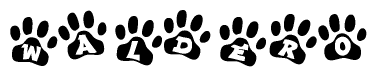 The image shows a series of animal paw prints arranged horizontally. Within each paw print, there's a letter; together they spell Waldero