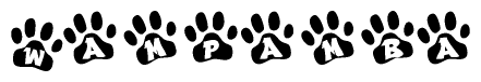 The image shows a row of animal paw prints, each containing a letter. The letters spell out the word Wampamba within the paw prints.