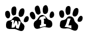 The image shows a series of animal paw prints arranged in a horizontal line. Each paw print contains a letter, and together they spell out the word Wil.