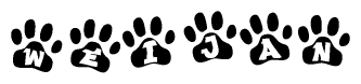The image shows a row of animal paw prints, each containing a letter. The letters spell out the word Weijan within the paw prints.