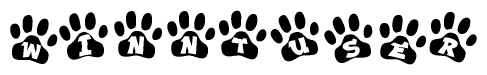 The image shows a series of animal paw prints arranged horizontally. Within each paw print, there's a letter; together they spell Winntuser