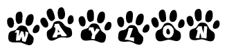 The image shows a row of animal paw prints, each containing a letter. The letters spell out the word Waylon within the paw prints.