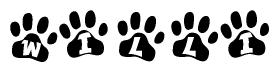 The image shows a row of animal paw prints, each containing a letter. The letters spell out the word Willi within the paw prints.