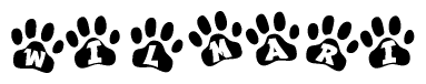 The image shows a row of animal paw prints, each containing a letter. The letters spell out the word Wilmari within the paw prints.