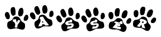 The image shows a series of animal paw prints arranged horizontally. Within each paw print, there's a letter; together they spell Yasser
