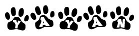 The image shows a series of animal paw prints arranged horizontally. Within each paw print, there's a letter; together they spell Yayan