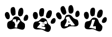 The image shows a row of animal paw prints, each containing a letter. The letters spell out the word Yeal within the paw prints.