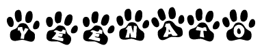 The image shows a row of animal paw prints, each containing a letter. The letters spell out the word Yeenato within the paw prints.