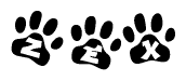 The image shows a series of animal paw prints arranged in a horizontal line. Each paw print contains a letter, and together they spell out the word Zex.