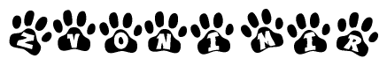 The image shows a row of animal paw prints, each containing a letter. The letters spell out the word Zvonimir within the paw prints.