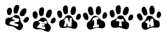 The image shows a series of animal paw prints arranged in a horizontal line. Each paw print contains a letter, and together they spell out the word Zenith.