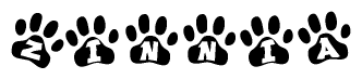 The image shows a series of animal paw prints arranged in a horizontal line. Each paw print contains a letter, and together they spell out the word Zinnia.