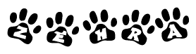 The image shows a series of animal paw prints arranged in a horizontal line. Each paw print contains a letter, and together they spell out the word Zehra.