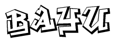 The image is a stylized representation of the letters Bayu designed to mimic the look of graffiti text. The letters are bold and have a three-dimensional appearance, with emphasis on angles and shadowing effects.