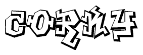 The clipart image depicts the word Corky in a style reminiscent of graffiti. The letters are drawn in a bold, block-like script with sharp angles and a three-dimensional appearance.