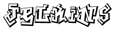 The clipart image depicts the word Jelkins in a style reminiscent of graffiti. The letters are drawn in a bold, block-like script with sharp angles and a three-dimensional appearance.