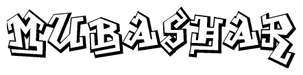 The image is a stylized representation of the letters Mubashar designed to mimic the look of graffiti text. The letters are bold and have a three-dimensional appearance, with emphasis on angles and shadowing effects.