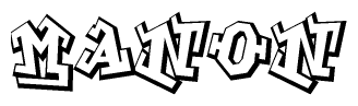 The image is a stylized representation of the letters Manon designed to mimic the look of graffiti text. The letters are bold and have a three-dimensional appearance, with emphasis on angles and shadowing effects.