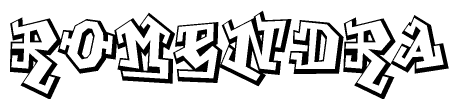 The clipart image depicts the word Romendra in a style reminiscent of graffiti. The letters are drawn in a bold, block-like script with sharp angles and a three-dimensional appearance.