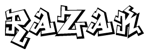 The clipart image depicts the word Razak in a style reminiscent of graffiti. The letters are drawn in a bold, block-like script with sharp angles and a three-dimensional appearance.