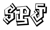The image is a stylized representation of the letters Spj designed to mimic the look of graffiti text. The letters are bold and have a three-dimensional appearance, with emphasis on angles and shadowing effects.